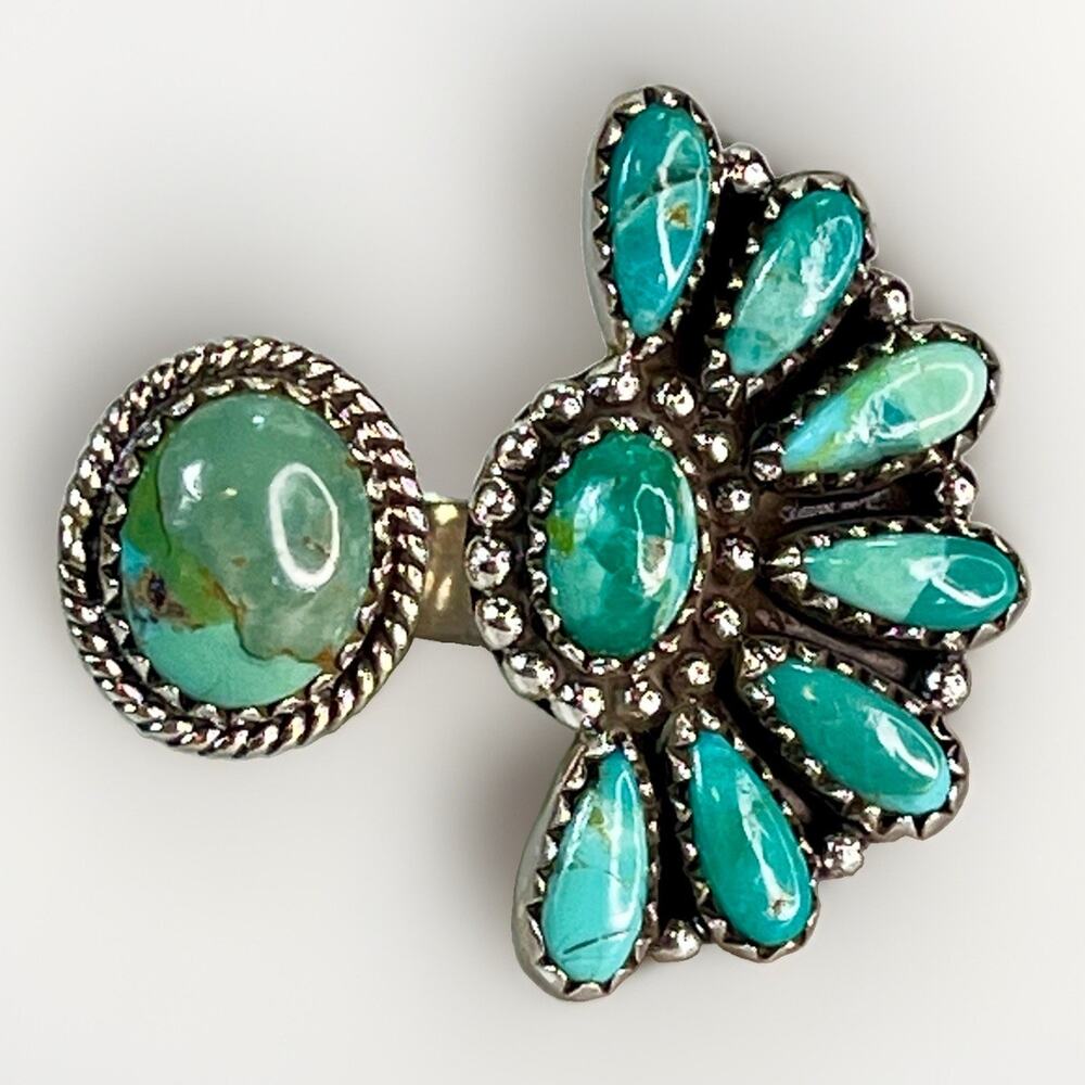 Southwestern Kingman Turquoise Sterling Silver Bypass Cluster Ring Adj Statement